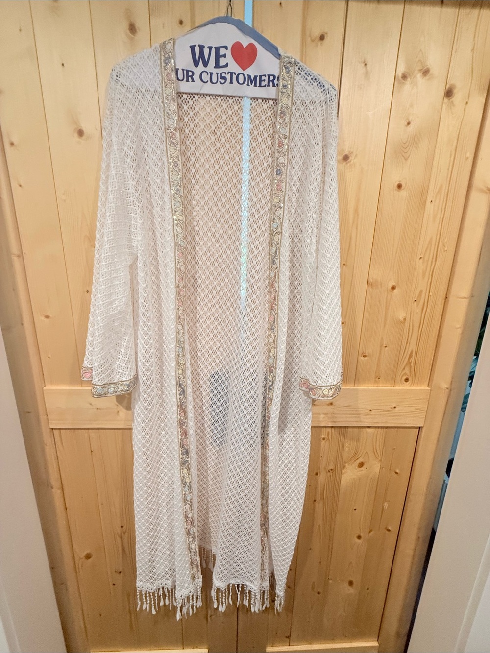 Sheer Crochet Kimono Robe in Ivory with Embroidered Trim